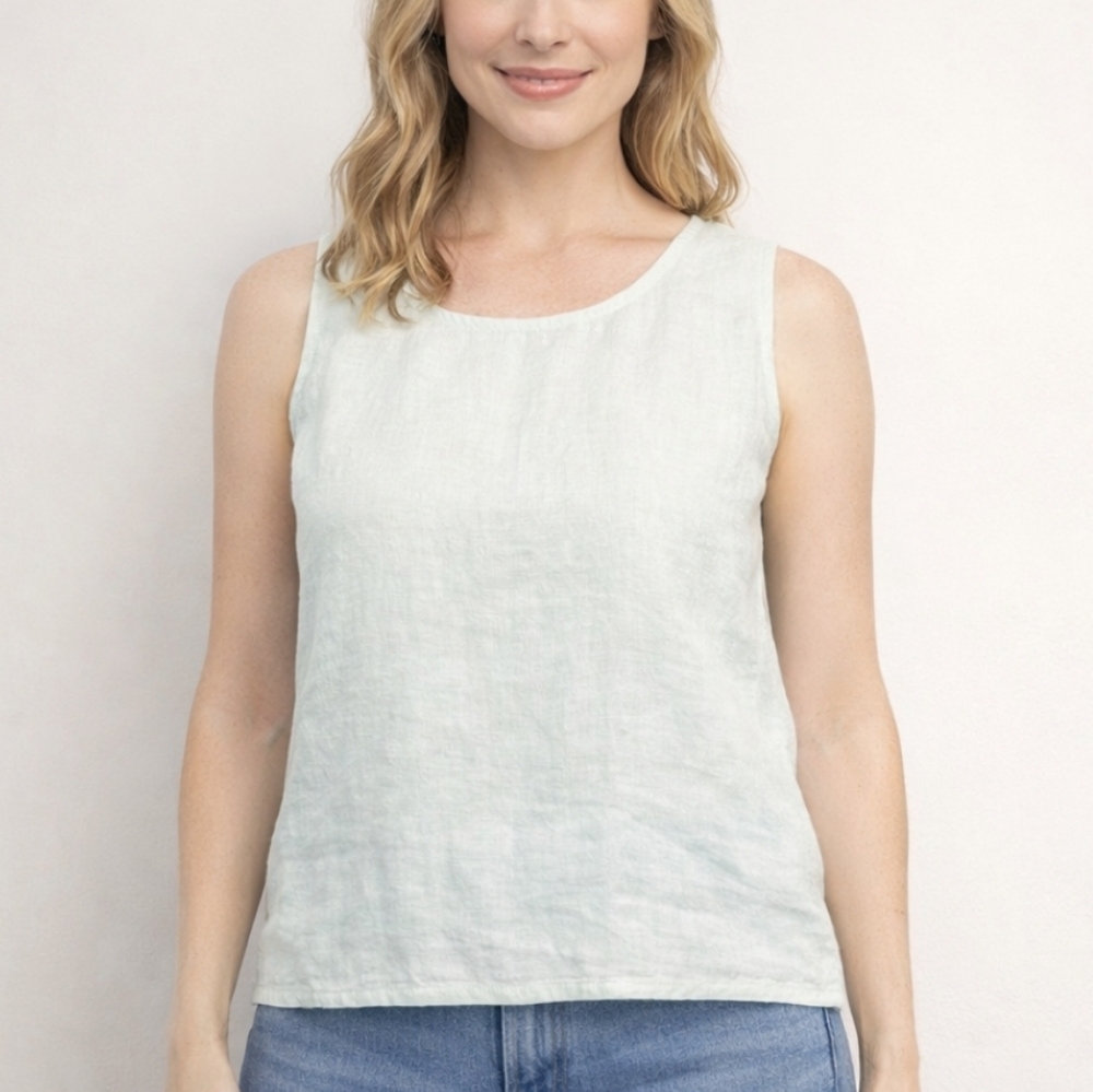 Edward Woman Irish Linen VNeck Sleeveless Top 2X Mint Green Embroidered Beads
